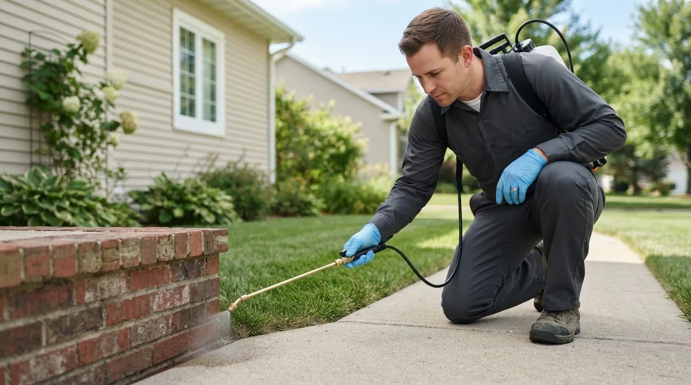 Pest control technician treating a home near White Heath, IL