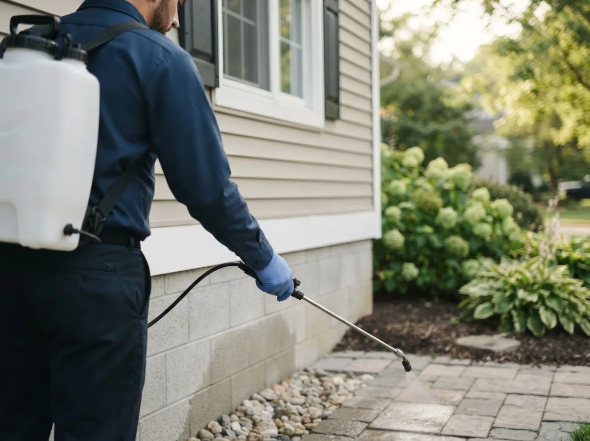 Pest control technician inspecting a home in White Heath, IL
